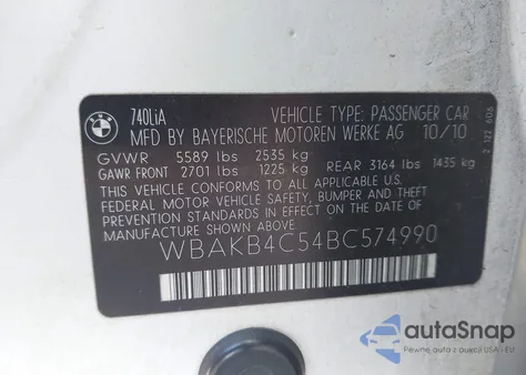 2011 BMW 740Li from USA, damaged, VIN WBAKB4C54BC574990